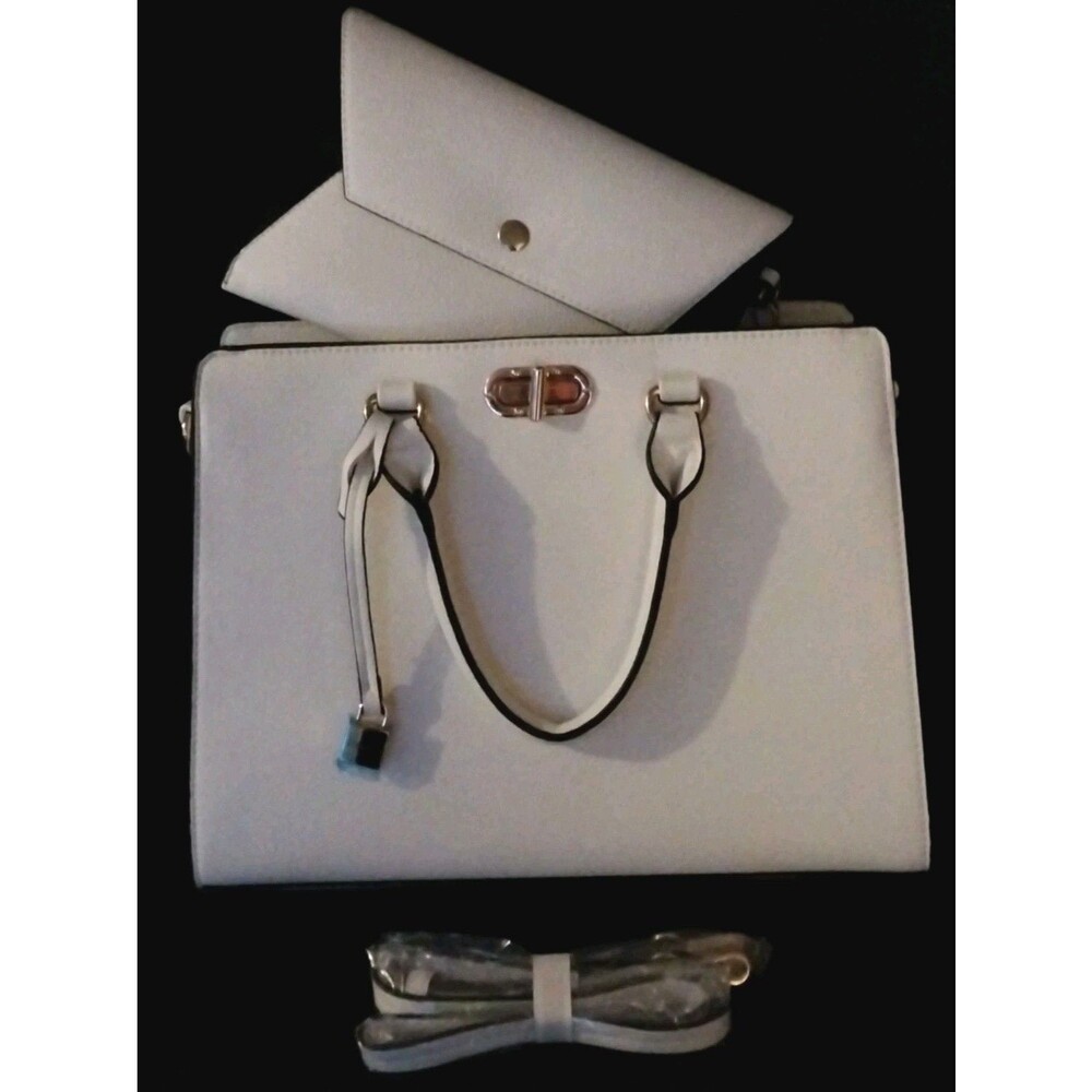 Dasein Womens White Faux Leather Satchel Handbag Set Wallet Gold Hardware